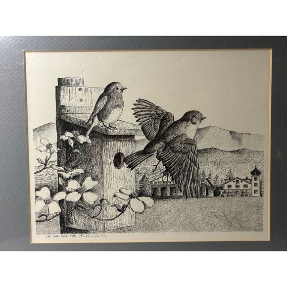 Lee James Pantas Print Matted Signed Pen and Ink Print Birds Mountains Dogwood - Picture 2 of 6